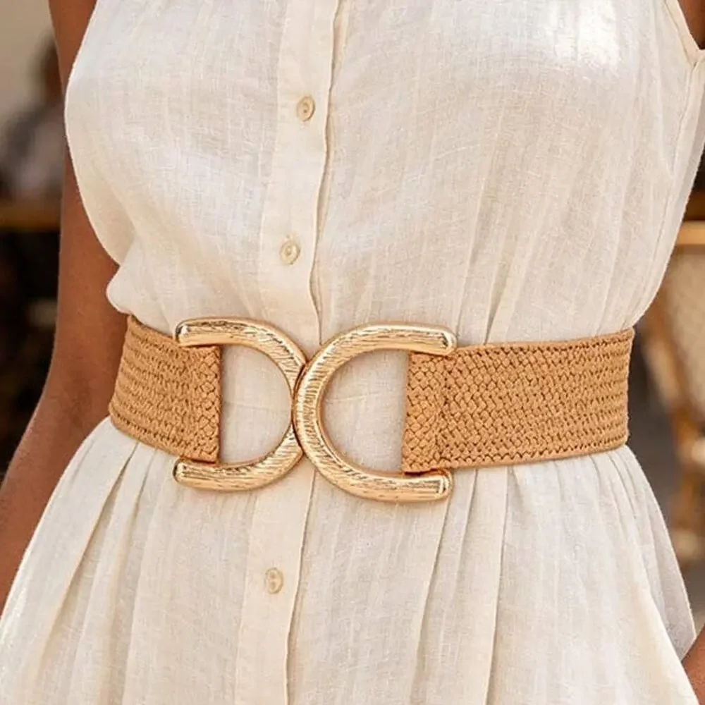 Straw Wide Dual Buckle Elastic Belt - Khaki/Gold
